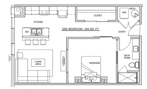 Floor plan for 1 bed, 1 bath, 675 sqft